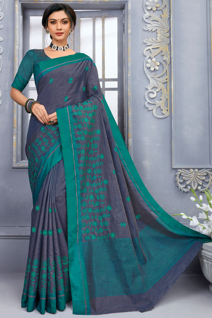 Marvelous Embroidered Work Art Silk Fabric Party Wear Saree In Navy Blue Color