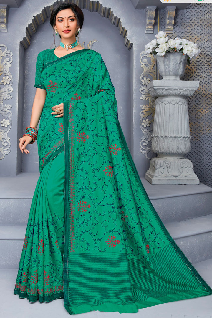 Green Color Stunning Embroidered Work On Art Silk Fabric Party Wear Saree