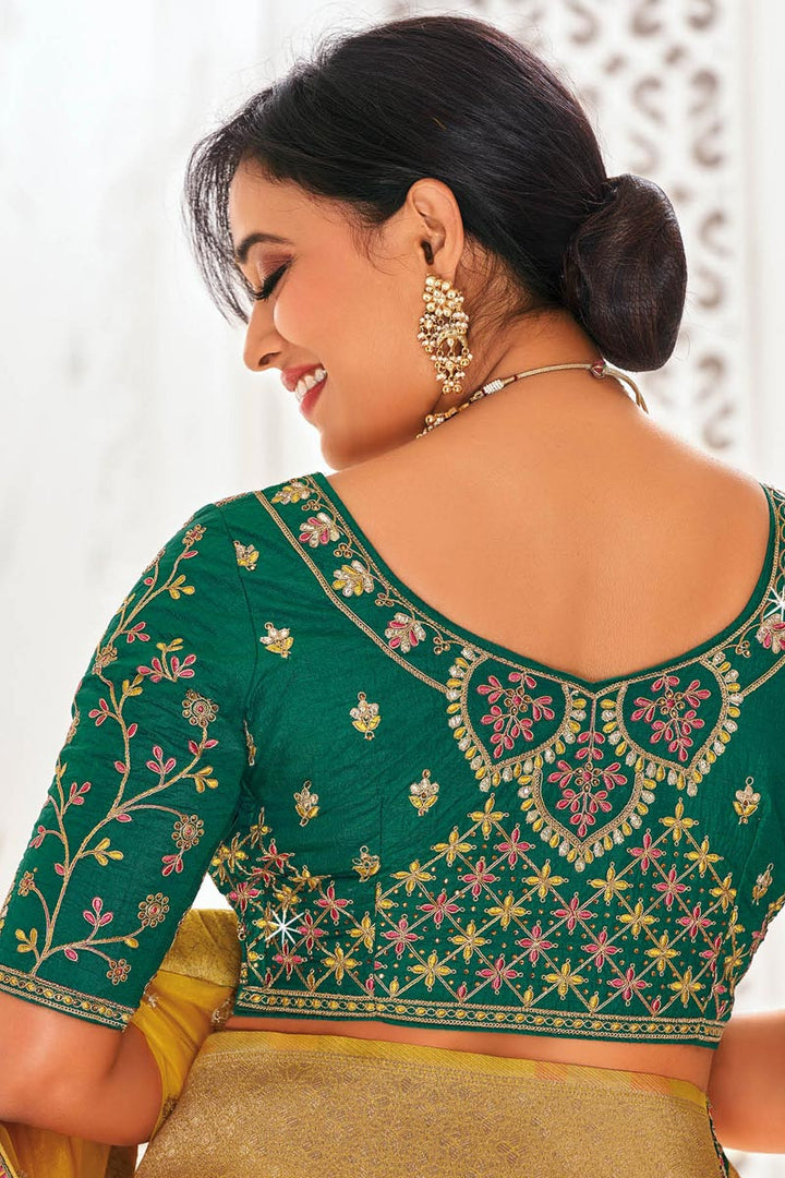 Yellow Color Embroidered Designs On Organza Sangeet Wear Intriguing Saree Featuring Shweta Tiwari