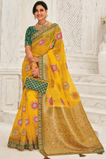 Load image into Gallery viewer, Yellow Color Embroidered Designs On Organza Sangeet Wear Intriguing Saree Featuring Shweta Tiwari
