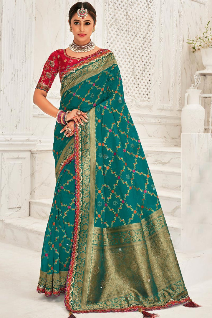 Embroidered Designs On Organza Fabric Sangeet Wear Superior Saree In Cyan Color
