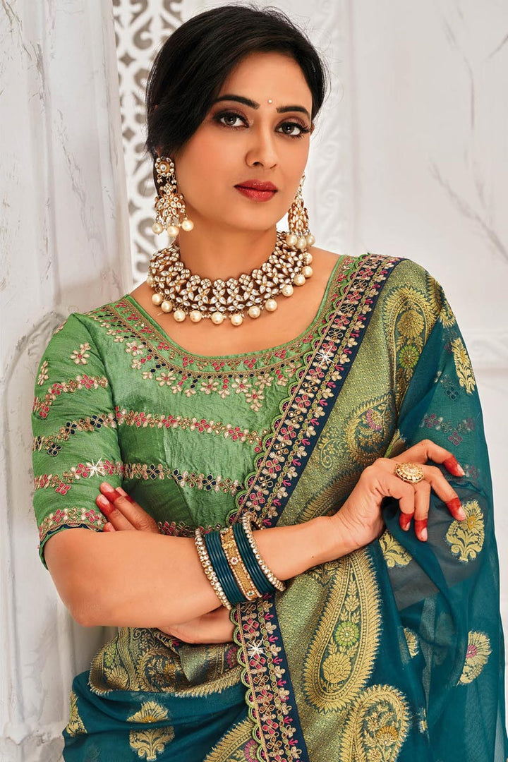 Embroidered Work Teal Color Organza Fabric Adorning Sangeet Wear Saree Featuring Shweta Tiwari