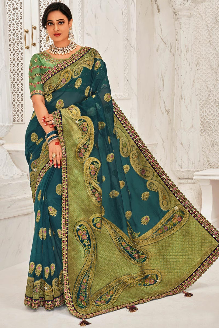 Embroidered Work Teal Color Organza Fabric Adorning Sangeet Wear Saree Featuring Shweta Tiwari