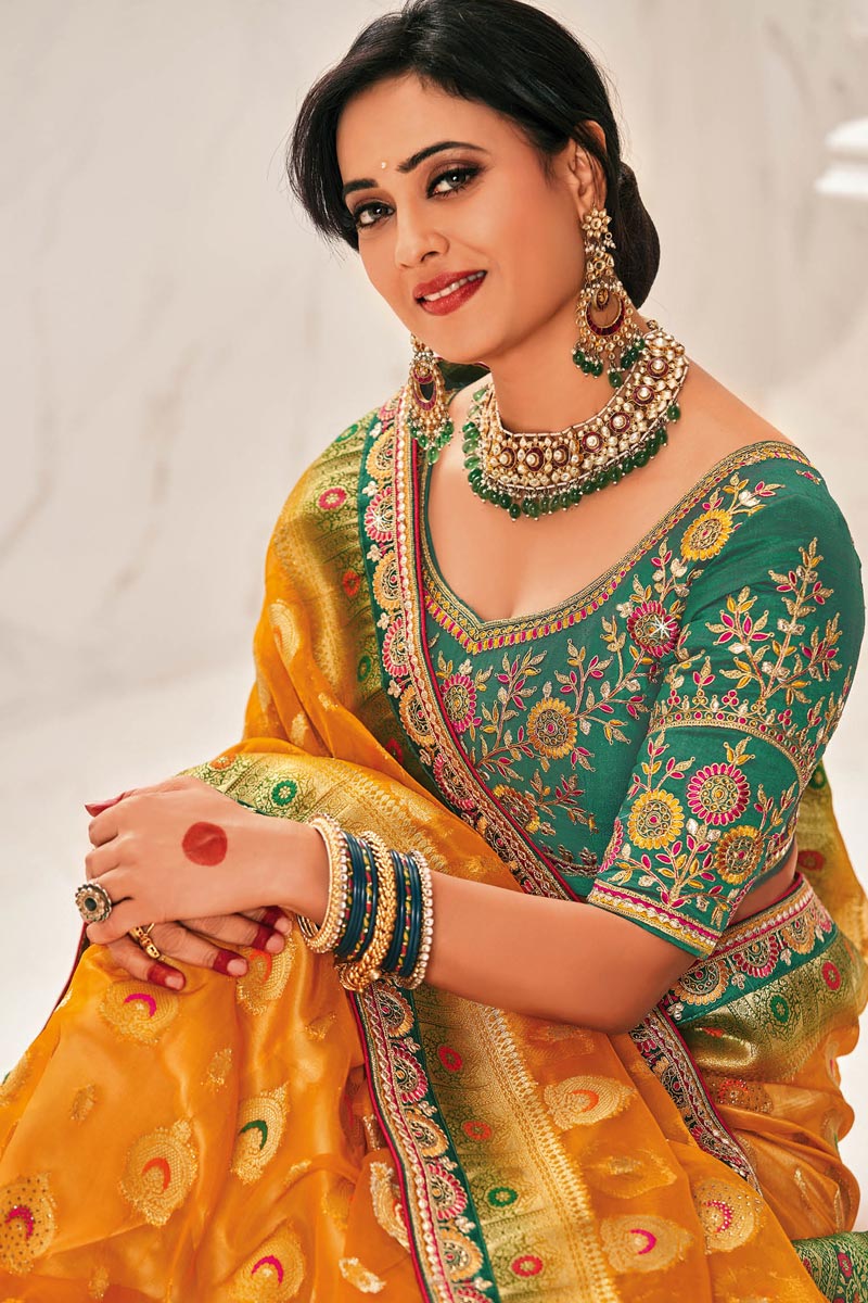 Embroidered Designs On Organza Fabric Sangeet Wear Beatific Saree Featuring Shweta Tiwari In Yellow Color