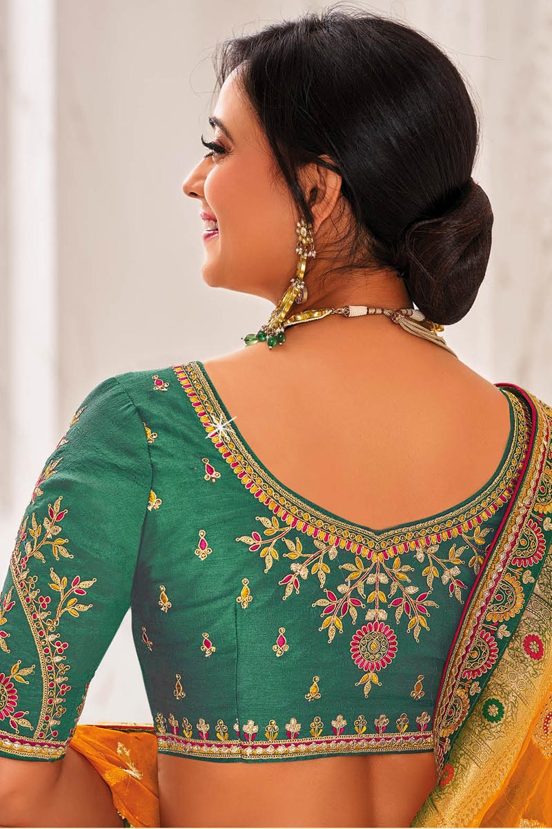 Embroidered Designs On Organza Fabric Sangeet Wear Beatific Saree Featuring Shweta Tiwari In Yellow Color