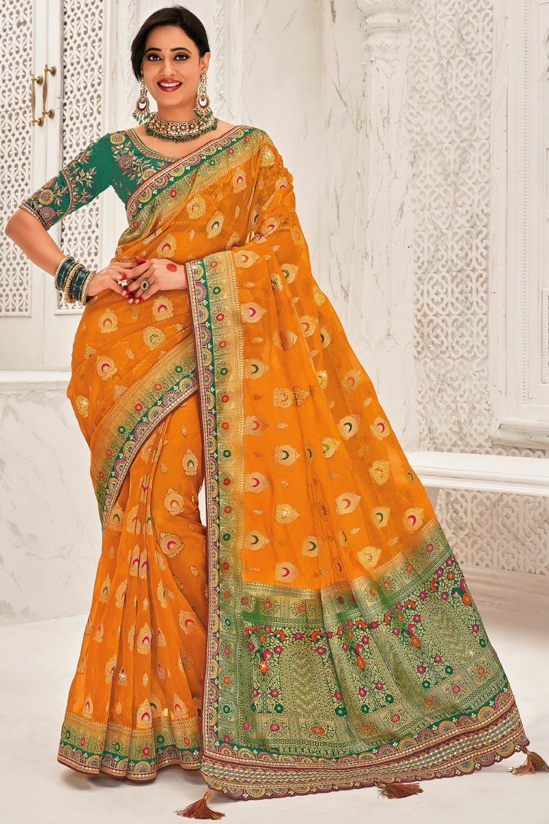 Embroidered Designs On Organza Fabric Sangeet Wear Beatific Saree Featuring Shweta Tiwari In Yellow Color