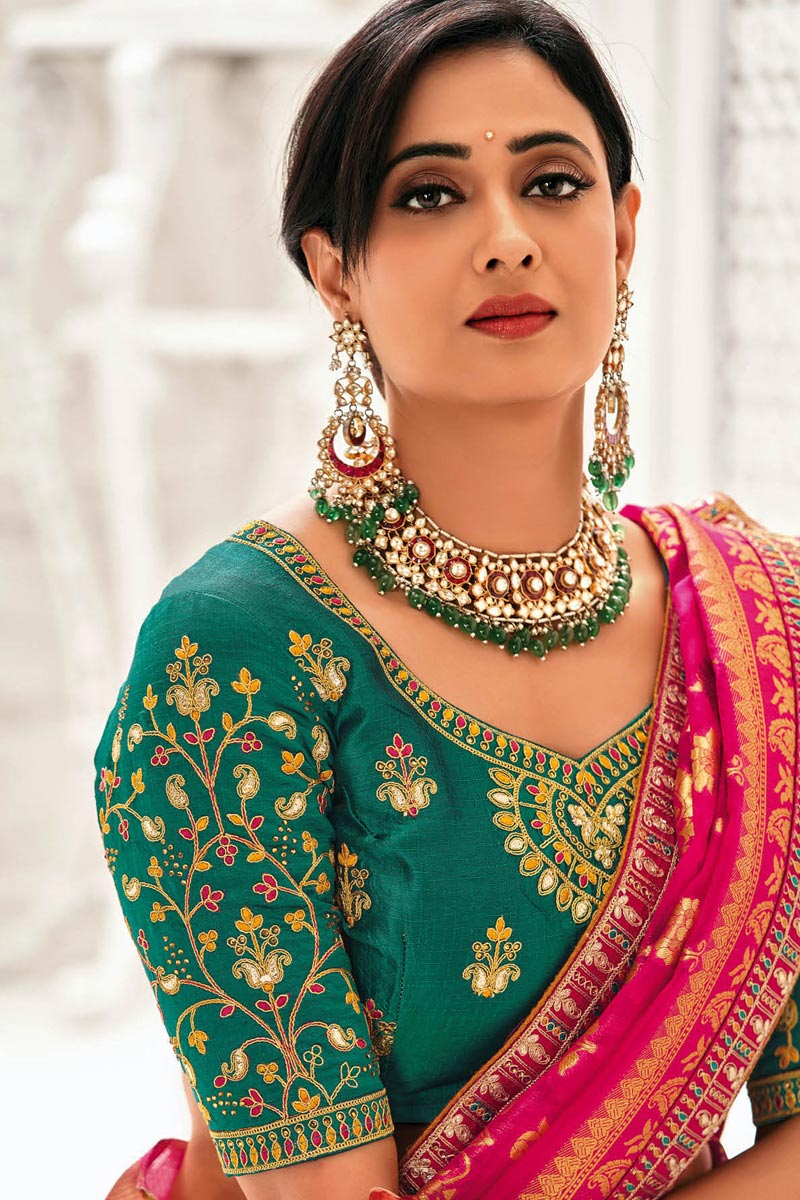 Embroidered Work Rani Color Organza Fabric Dreamy Sangeet Wear Saree Featuring Shweta Tiwari