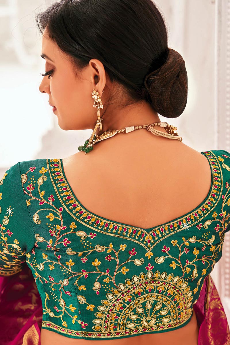 Embroidered Work Rani Color Organza Fabric Dreamy Sangeet Wear Saree Featuring Shweta Tiwari