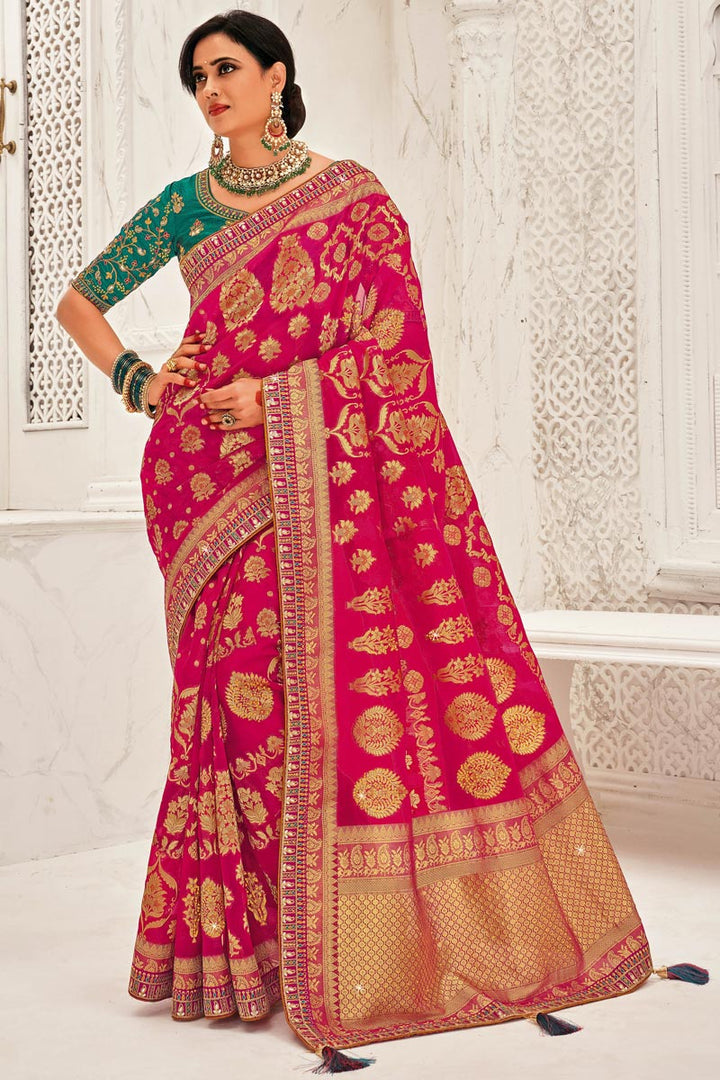 Embroidered Work Rani Color Organza Fabric Dreamy Sangeet Wear Saree Featuring Shweta Tiwari