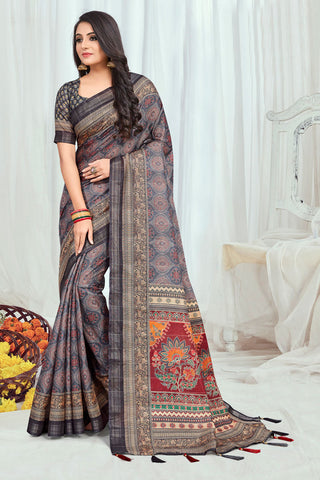 Alluring Grey Cotton Casual Printed Saree