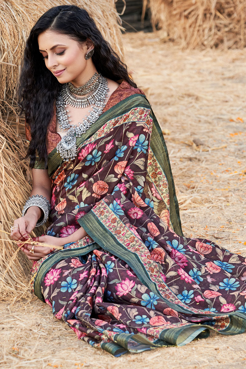 Cotton Imposing Printed Casual Saree In Brown