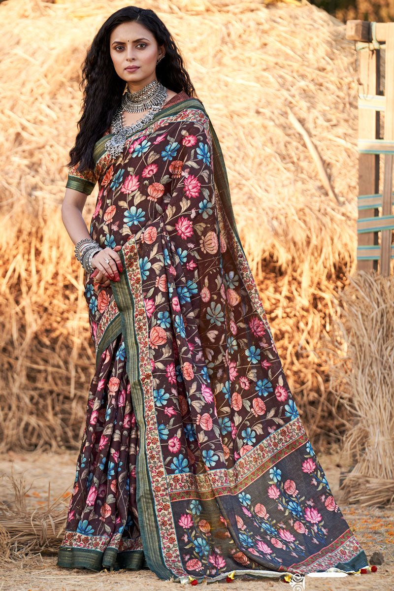 Cotton Imposing Printed Casual Saree In Brown