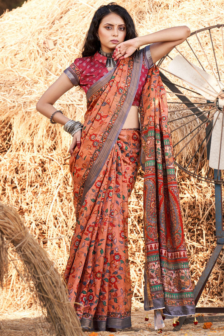 Orange Glorious Cotton Printed Casual Saree