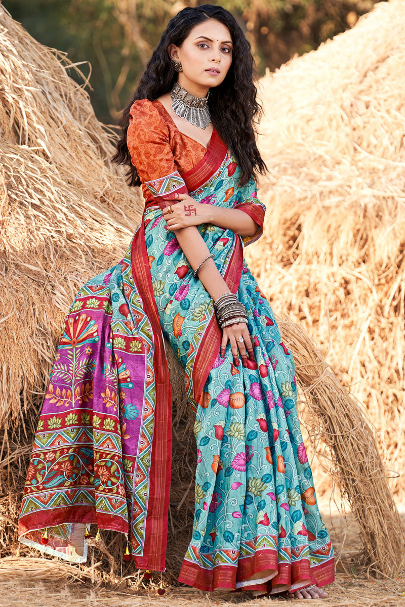 Cotton Chic Printed Casual Saree In Sky Blue