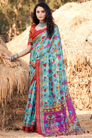 Cotton Chic Printed Casual Saree In Sky Blue