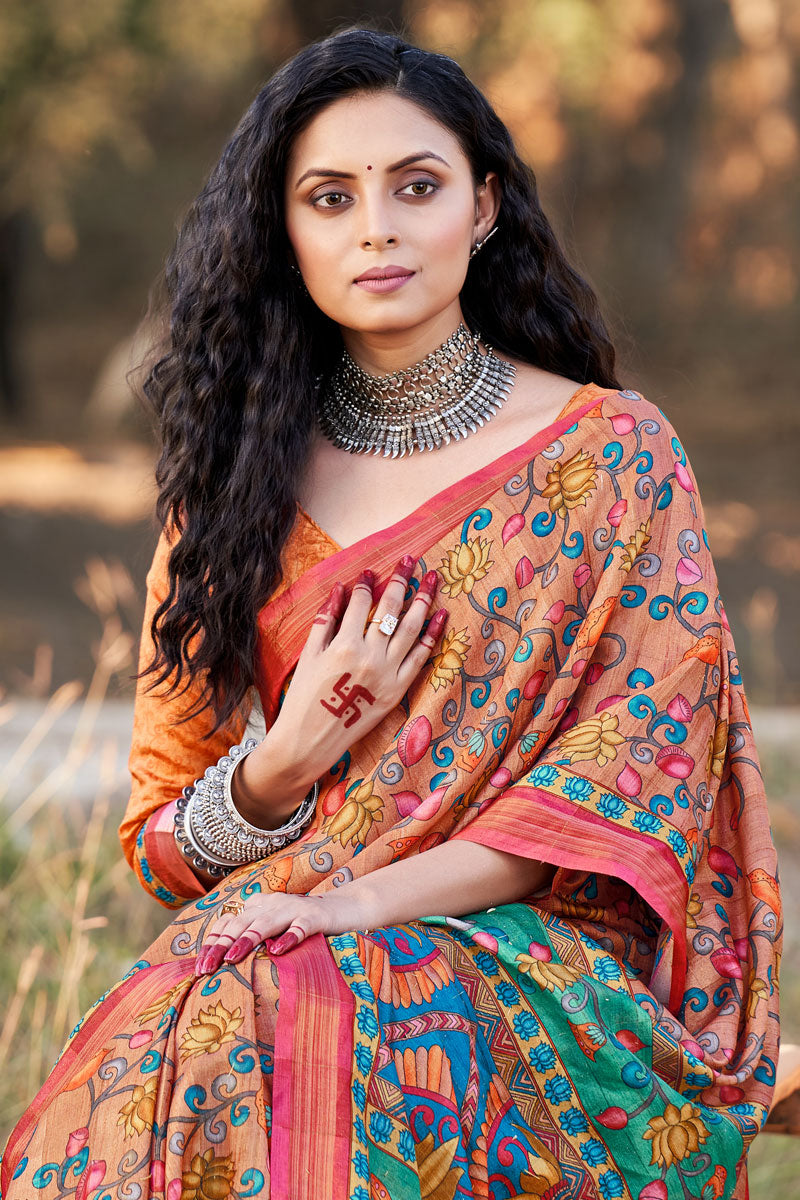 Flashing Orange Cotton Printed Casual Saree