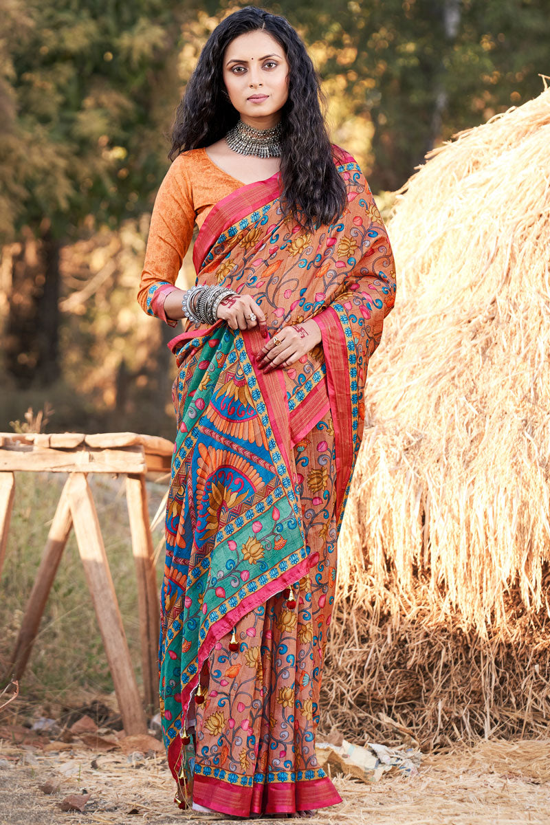 Flashing Orange Cotton Printed Casual Saree