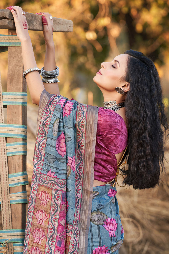 Cotton Grey Graceful Printed Casual Saree