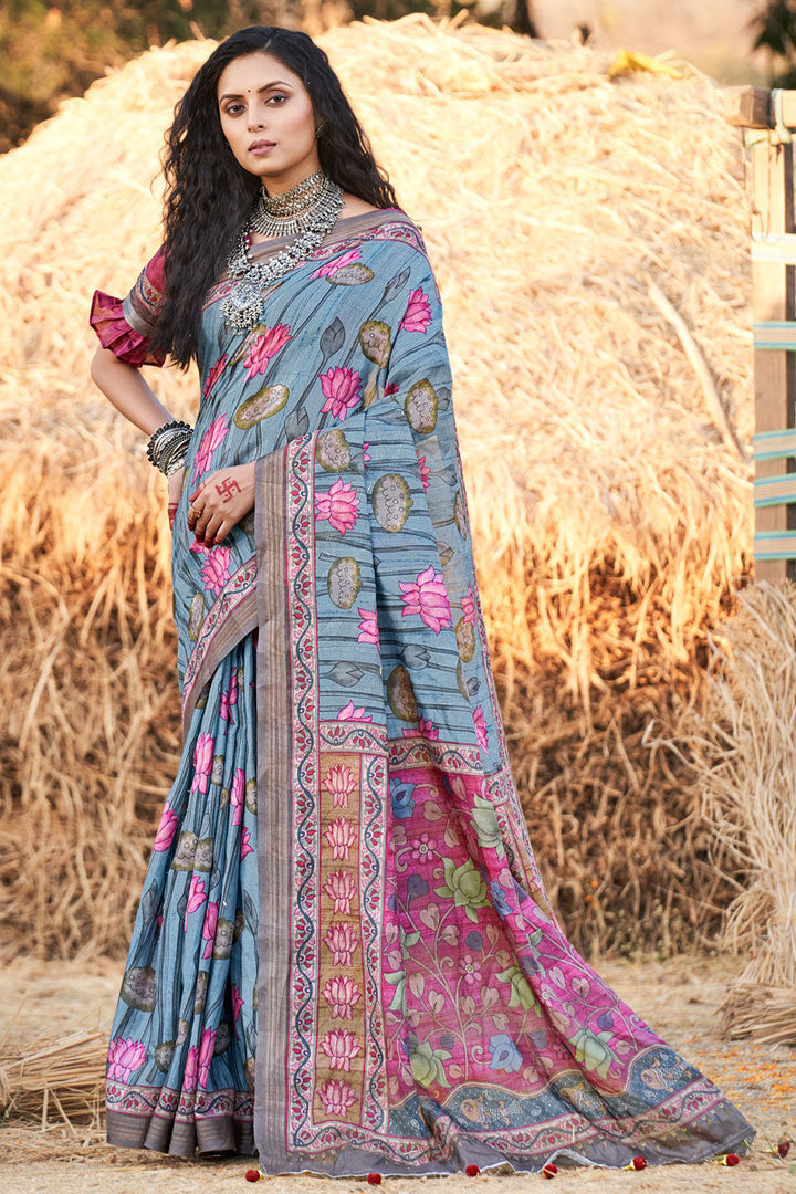 Cotton Grey Graceful Printed Casual Saree