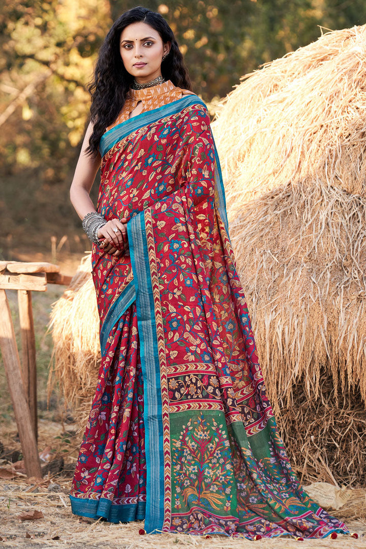 Red Cotton Fashionable Printed Casual Saree