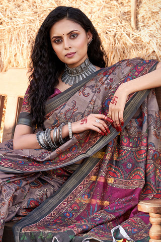 Cotton Lavish Printed Casual Saree In Brown