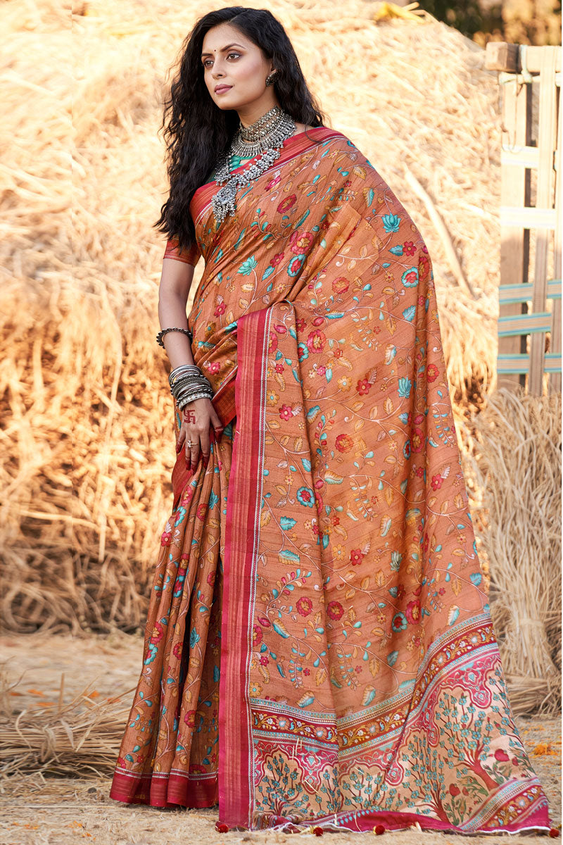 Cotton Rust Brilliant Printed Casual Saree