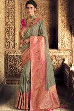 Load image into Gallery viewer, Reception Wear Silk Fabric Grey Color Weaving Work Saree With Embroidered Blouse
