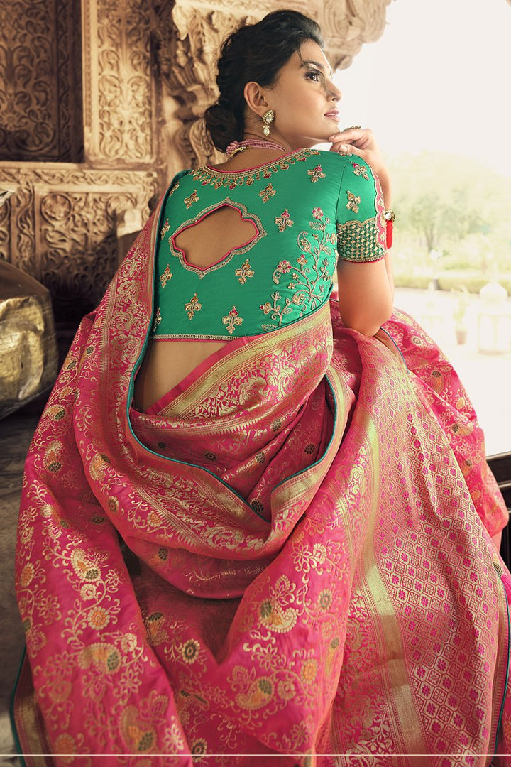 Pink Color Sangeet Wear Silk Fabric Weaving Work Saree With Embroidered Blouse