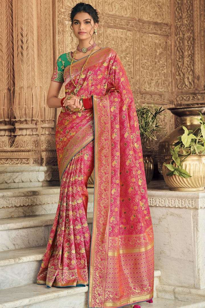 Pink Color Sangeet Wear Silk Fabric Weaving Work Saree With Embroidered Blouse