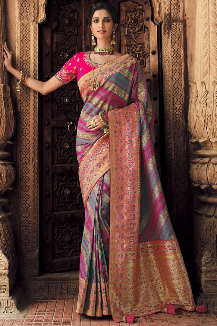 Reception Wear Multi Color Weaving Work Saree With Embroidered Blouse In Silk Fabric