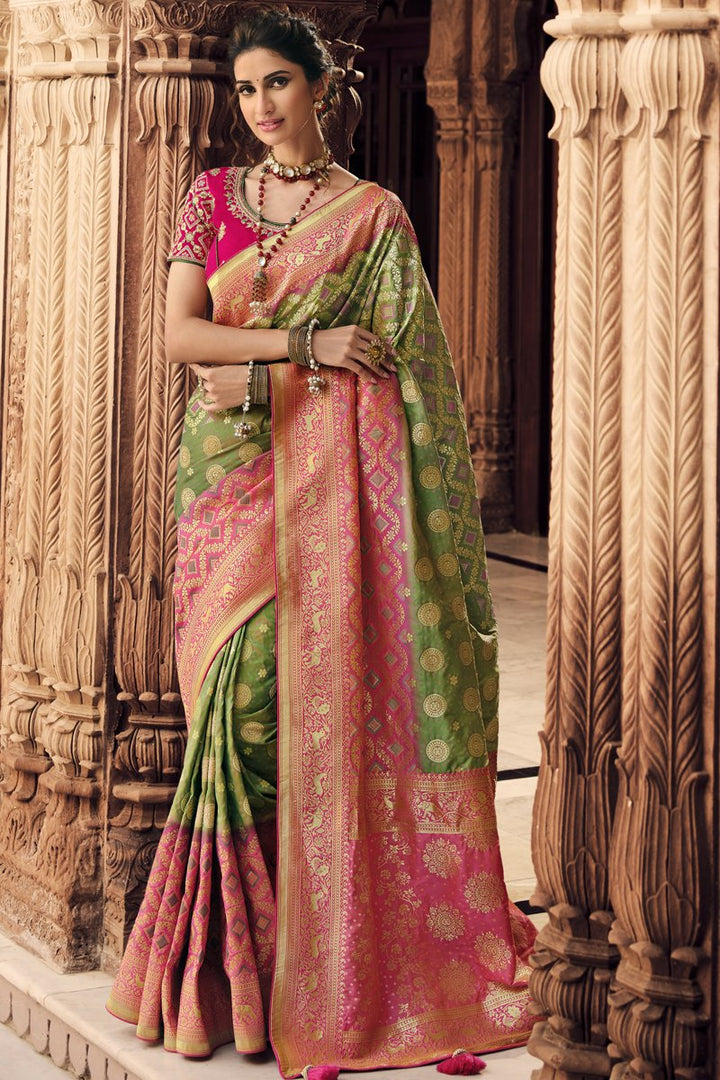 Party Wear Green Color Silk Fabric Weaving Work Saree With Embroidered Blouse
