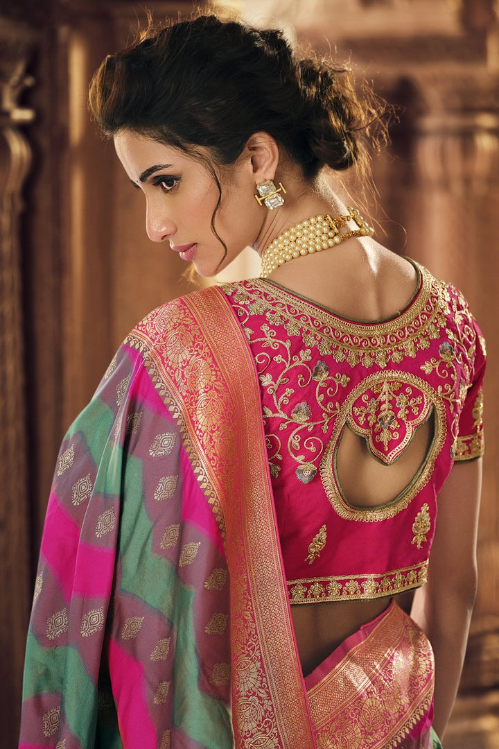 Silk Fabric Sangeet Wear Multi Color Weaving Work Saree With Embroidered Blouse