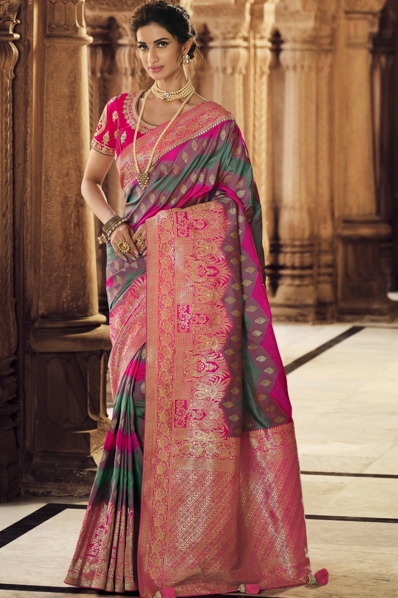 Silk Fabric Sangeet Wear Multi Color Weaving Work Saree With Embroidered Blouse