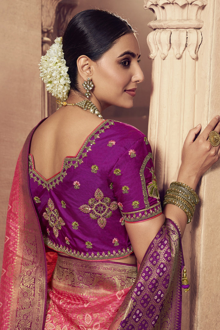 Art Silk Fabric Heavy Weaving Work Pink Color Wedding Wear Designer Saree With Embroidered Blouse