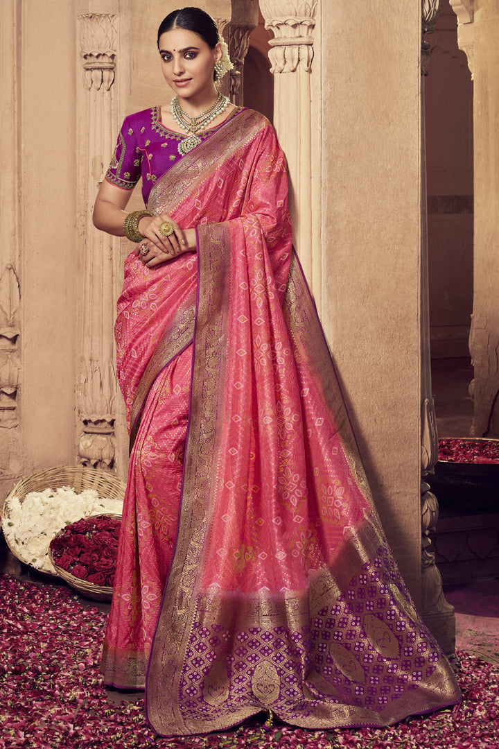 Art Silk Fabric Heavy Weaving Work Pink Color Wedding Wear Designer Saree With Embroidered Blouse