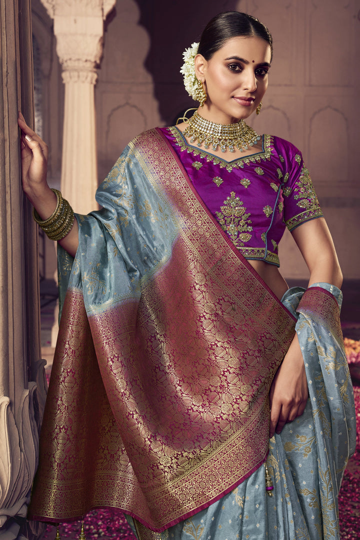 Heavy Weaving Work Grey Color Art Silk Fabric Reception Wear Saree With Embroidered Blouse