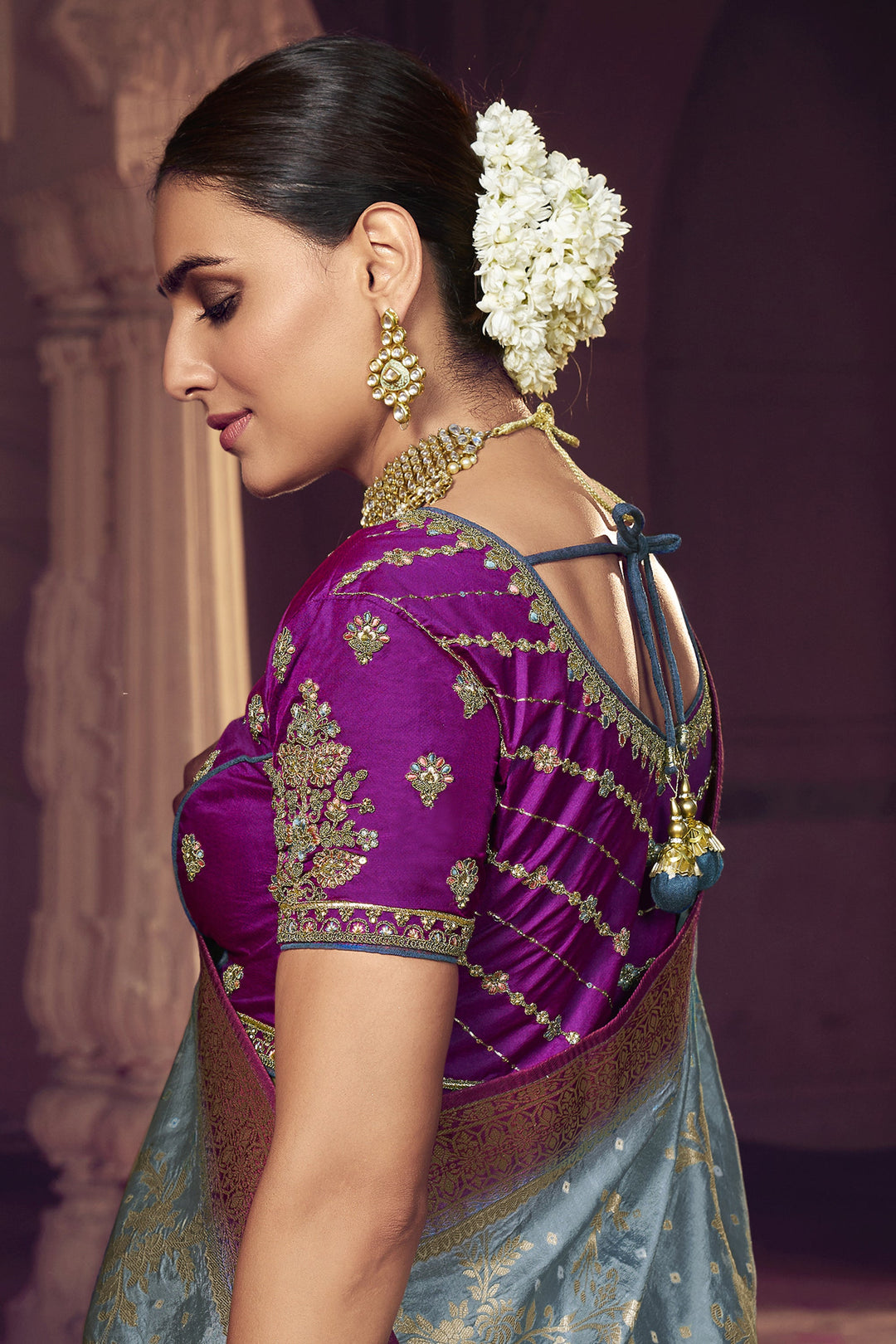 Heavy Weaving Work Grey Color Art Silk Fabric Reception Wear Saree With Embroidered Blouse