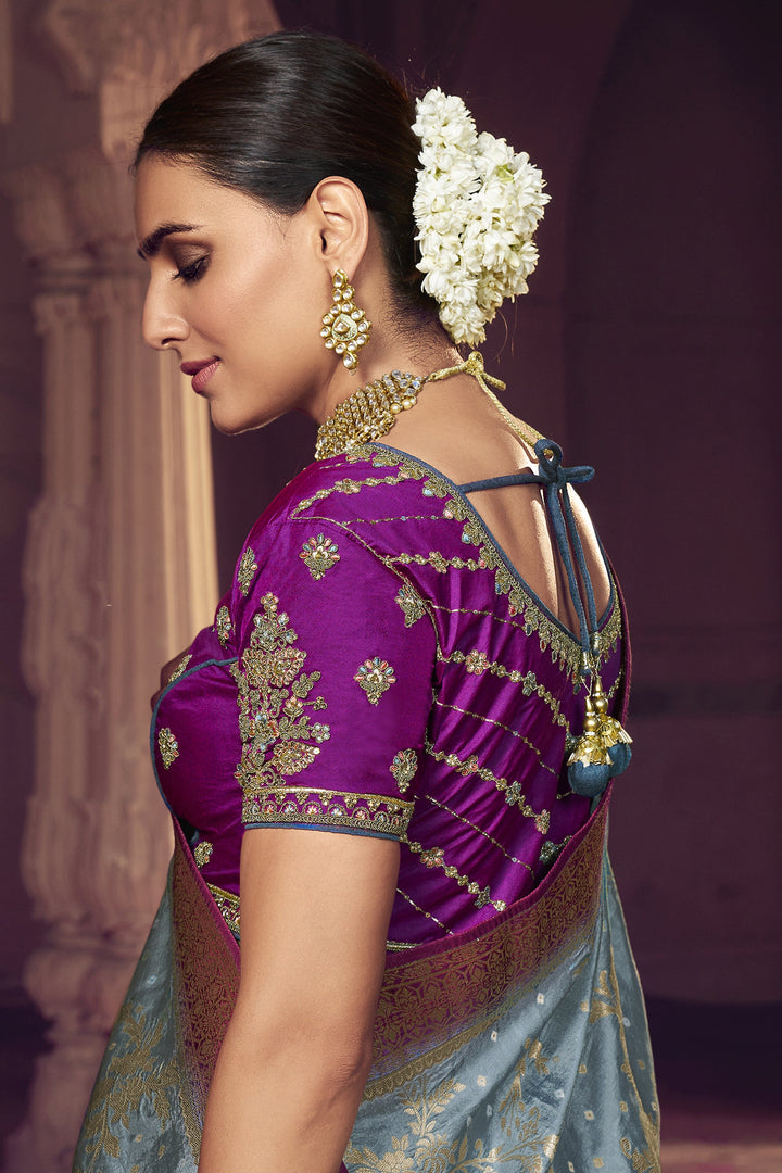 Heavy Weaving Work Grey Color Art Silk Fabric Reception Wear Saree With Embroidered Blouse