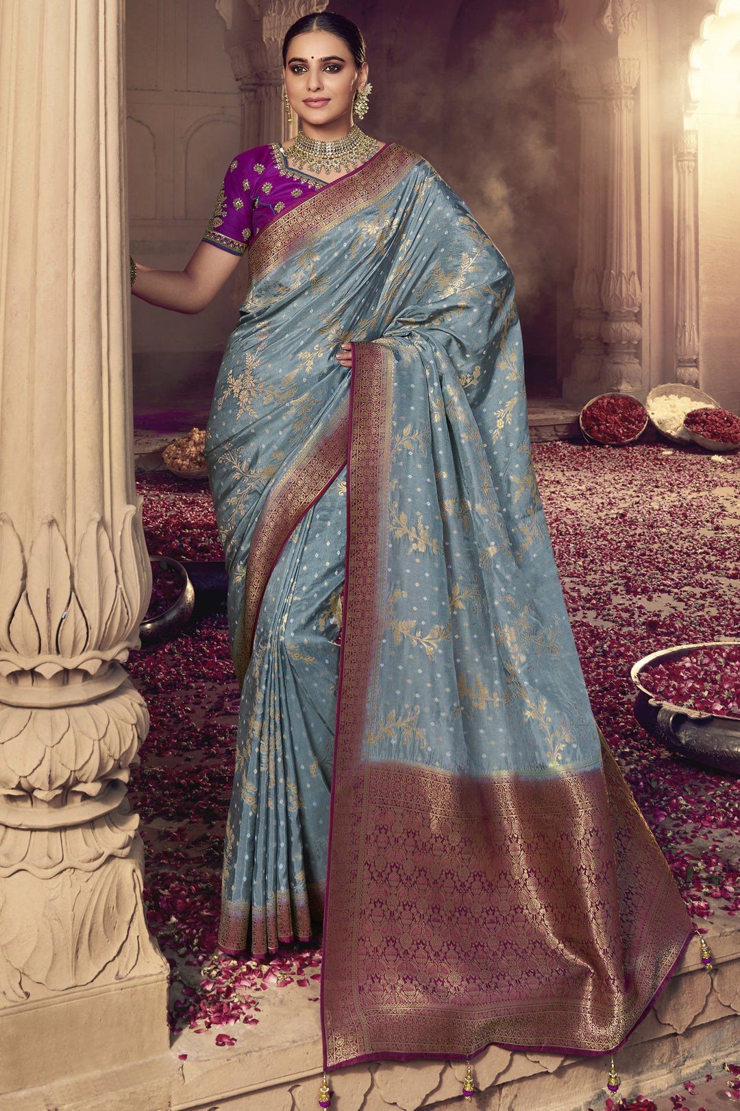 Heavy Weaving Work Grey Color Art Silk Fabric Reception Wear Saree With Embroidered Blouse
