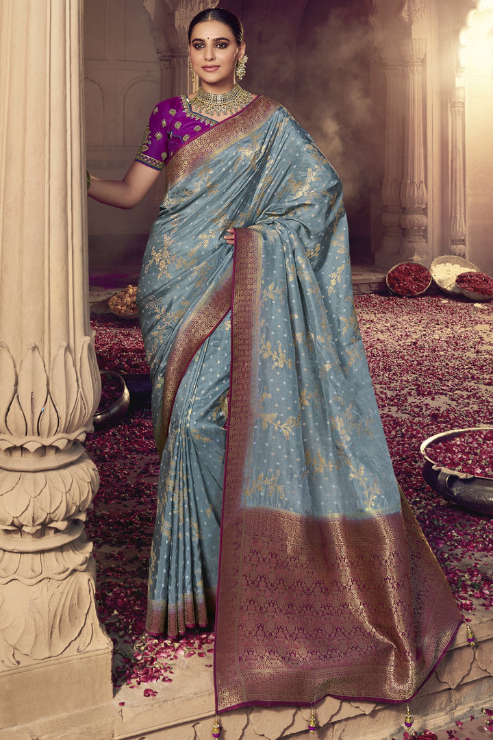 Heavy Weaving Work Grey Color Art Silk Fabric Reception Wear Saree With Embroidered Blouse