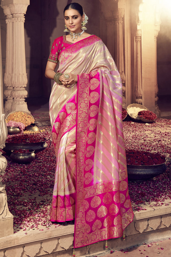 Beige Color Art Silk Fabric Heavy Weaving Work Function Wear Fancy Saree With Embroidered Blouse