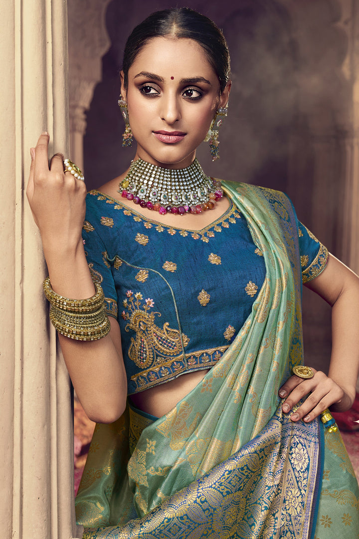 Sea Green Color Art Silk Fabric Heavy Weaving Work Function Wear Fancy Saree With Embroidered Blouse