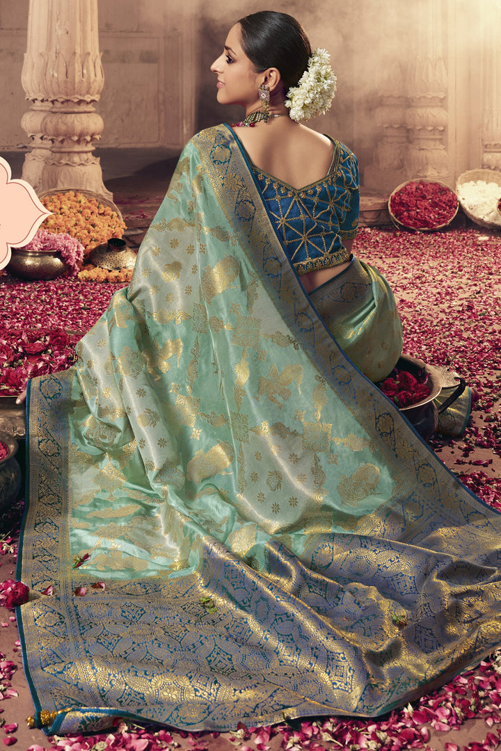Sea Green Color Art Silk Fabric Heavy Weaving Work Function Wear Fancy Saree With Embroidered Blouse