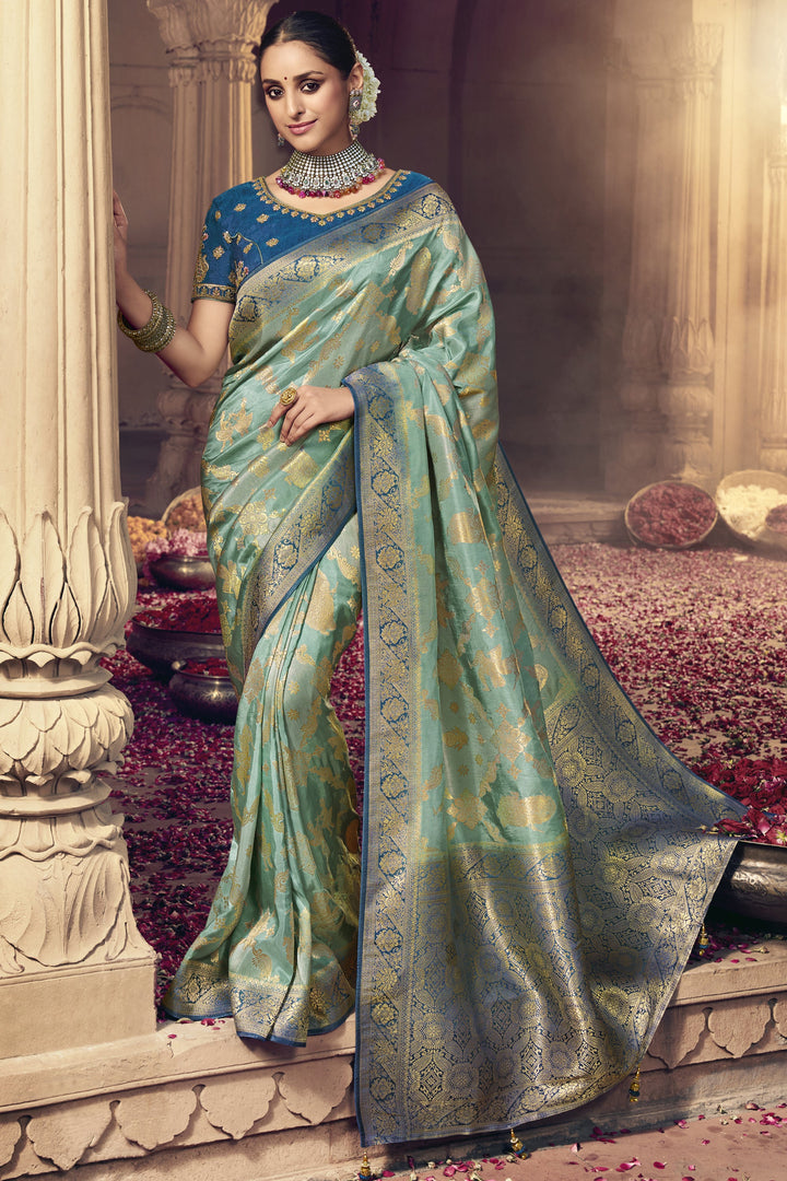 Sea Green Color Art Silk Fabric Heavy Weaving Work Function Wear Fancy Saree With Embroidered Blouse
