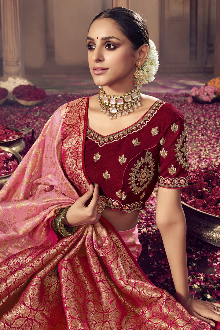 Art Silk Fabric Pink Color Heavy Weaving Work Festive Wear Trendy Saree With Embroidered Blouse