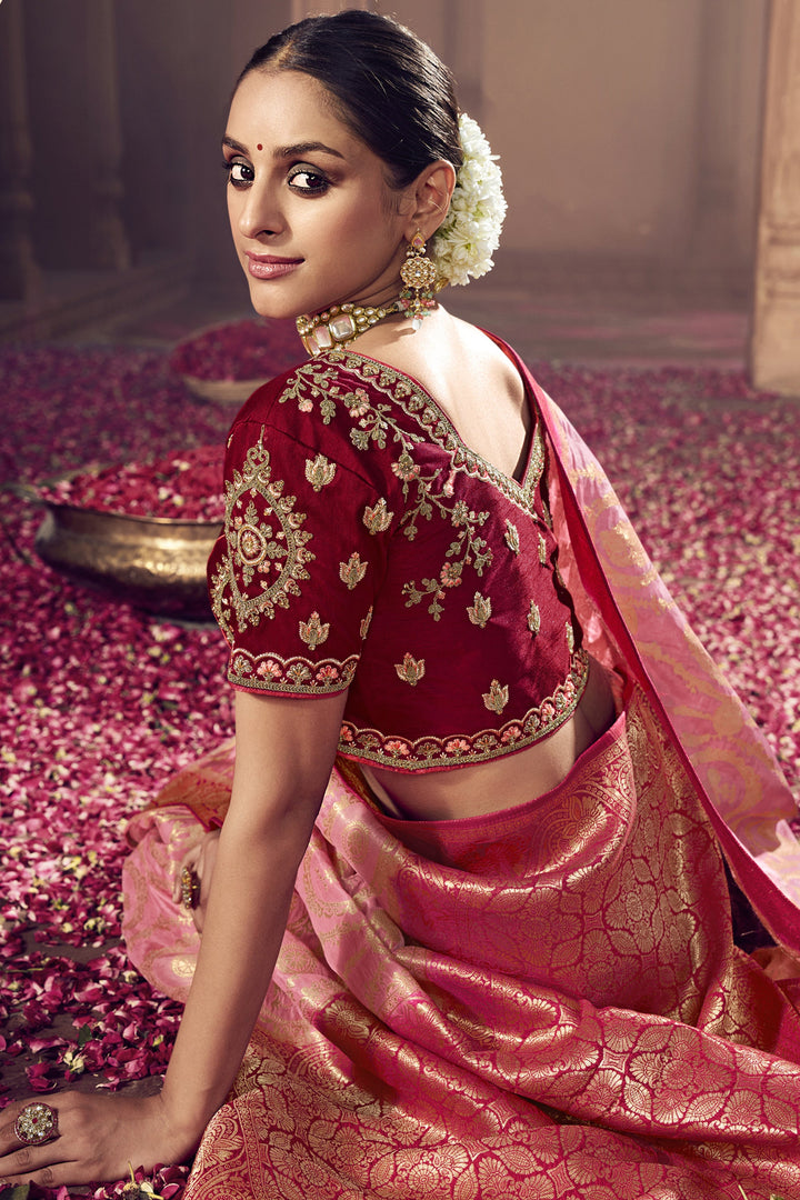 Art Silk Fabric Pink Color Heavy Weaving Work Festive Wear Trendy Saree With Embroidered Blouse