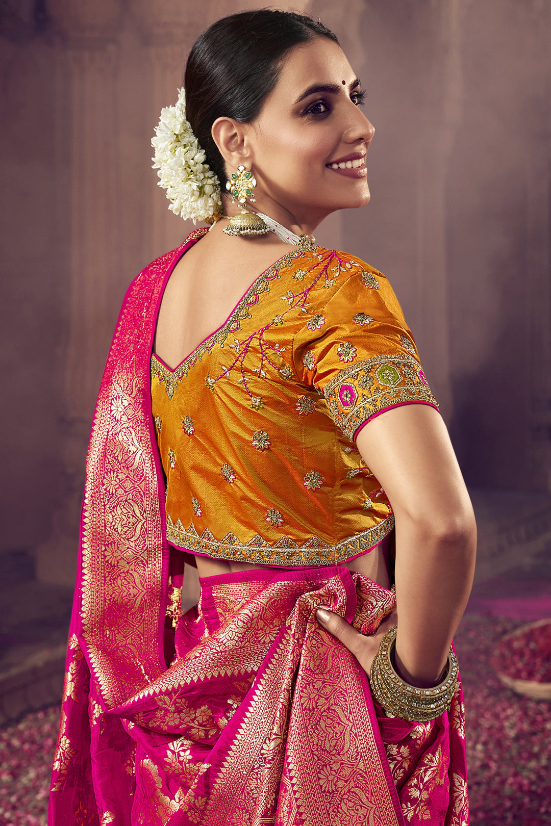 Magenta Color Heavy Weaving Work Art Silk Fabric Sangeet Wear Saree With Embroidered Blouse