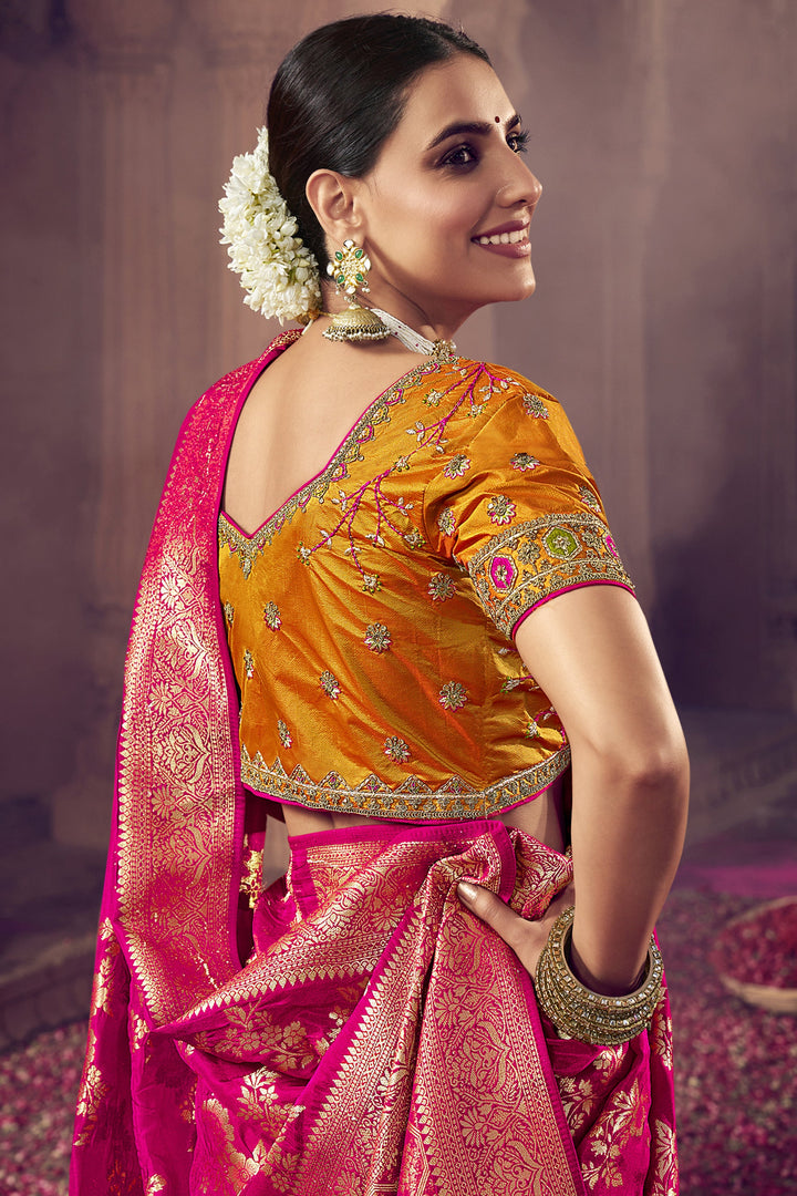 Magenta Color Heavy Weaving Work Art Silk Fabric Sangeet Wear Saree With Embroidered Blouse