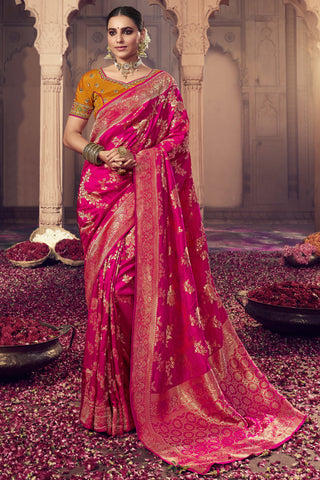 Magenta Color Heavy Weaving Work Art Silk Fabric Sangeet Wear Saree With Embroidered Blouse