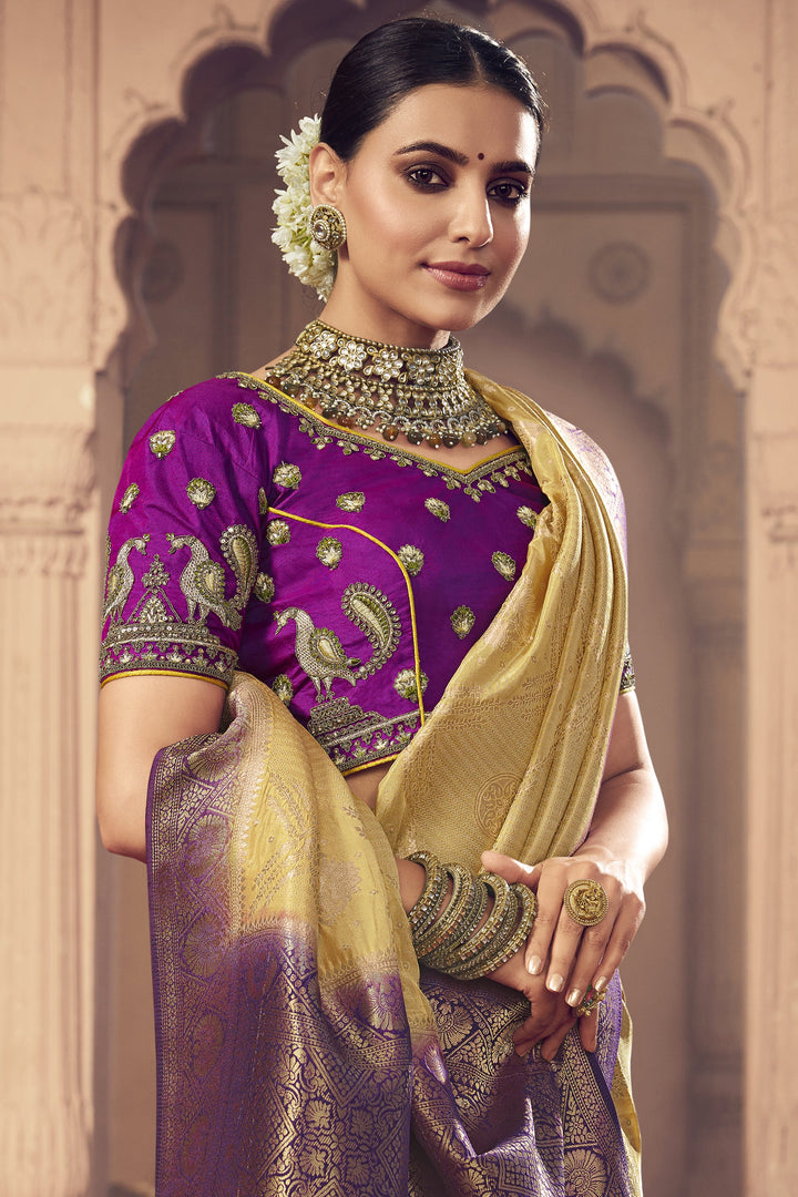 Heavy Weaving Work Art Silk Fabric Sangeet Wear Yellow Color Designer Saree With Embroidered Blouse